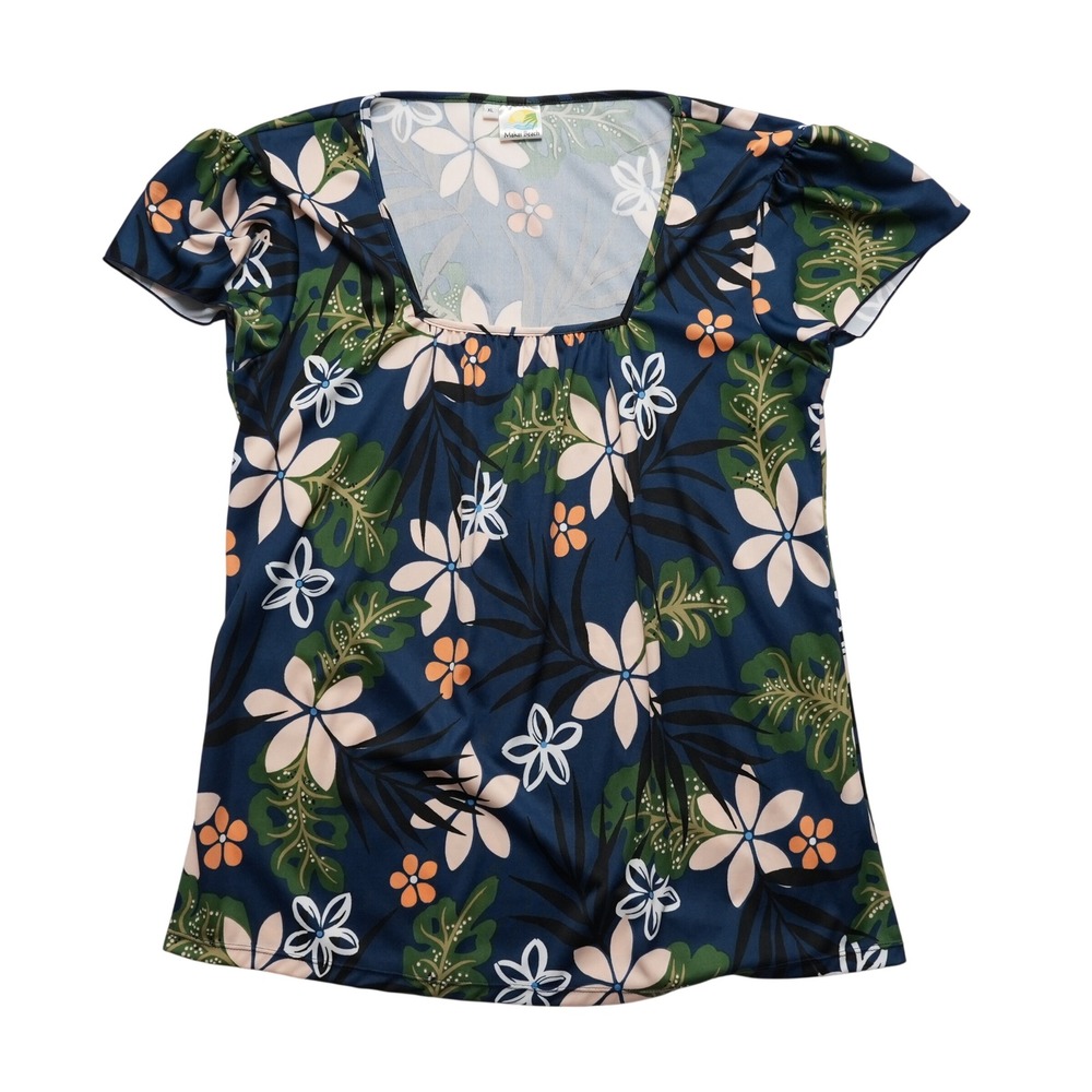 Makai Beach Hawaiian Top XL Blue Floral Square Neck Vacation Aloha